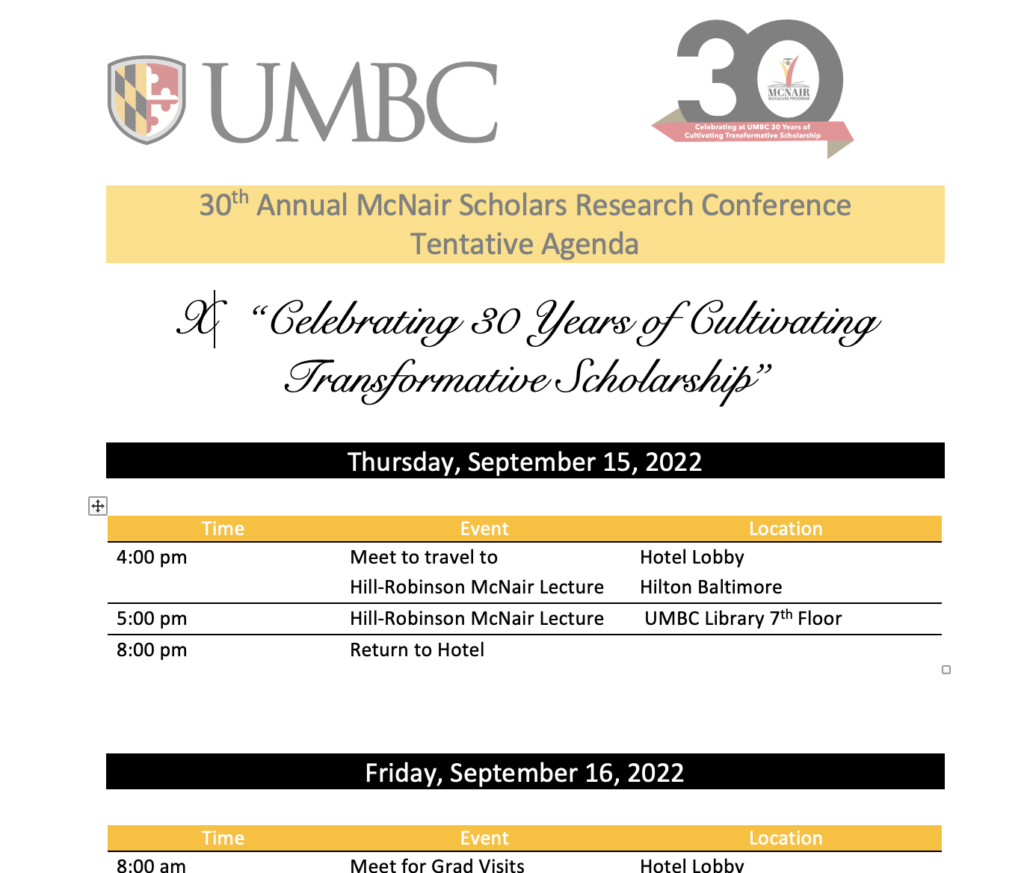 2022 Conference Schedule McNair Scholars Program UMBC